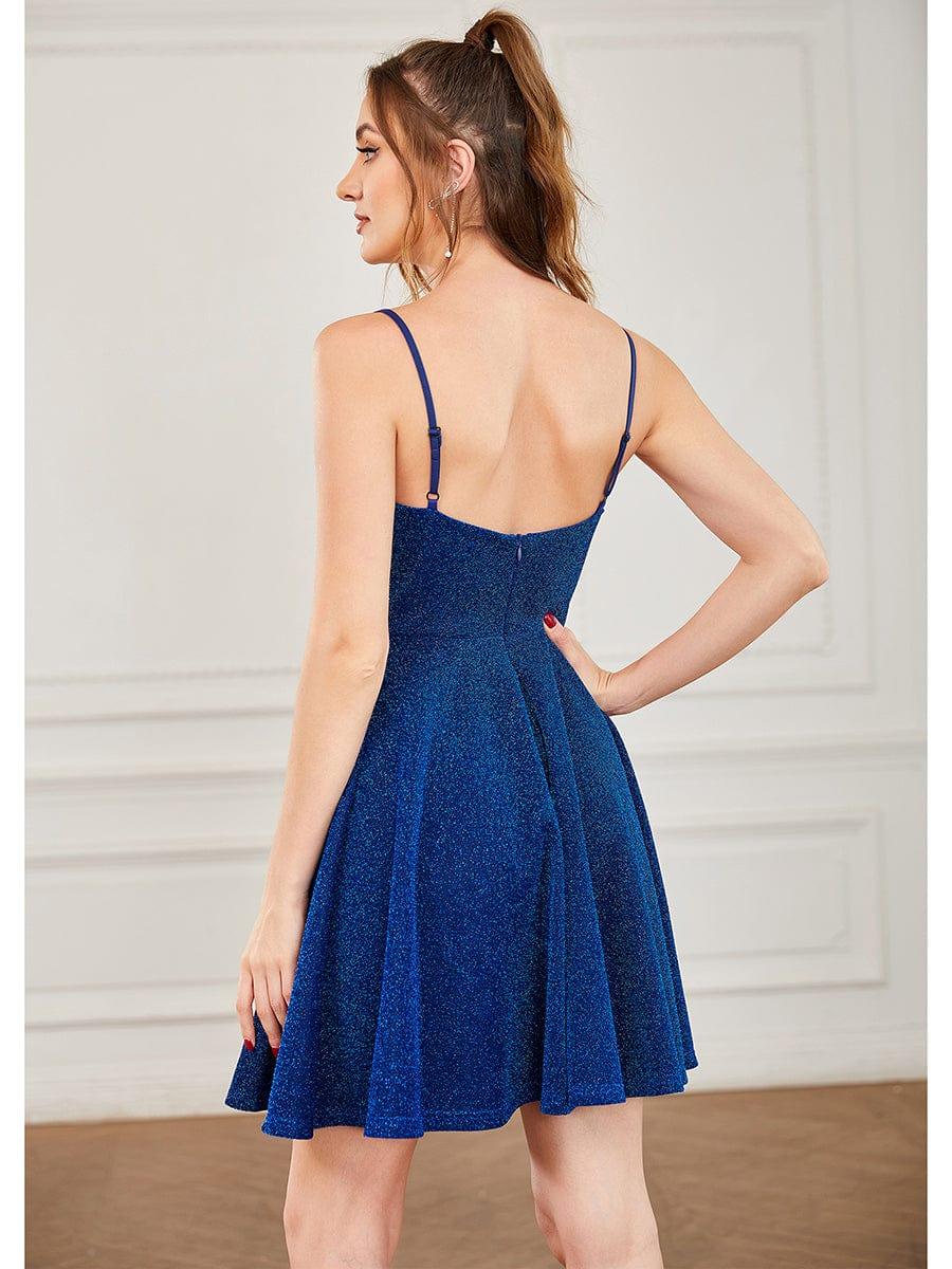Fancy Shiny Deep V Neck Above Knee Length Prom Dress #color_Sapphire Blue