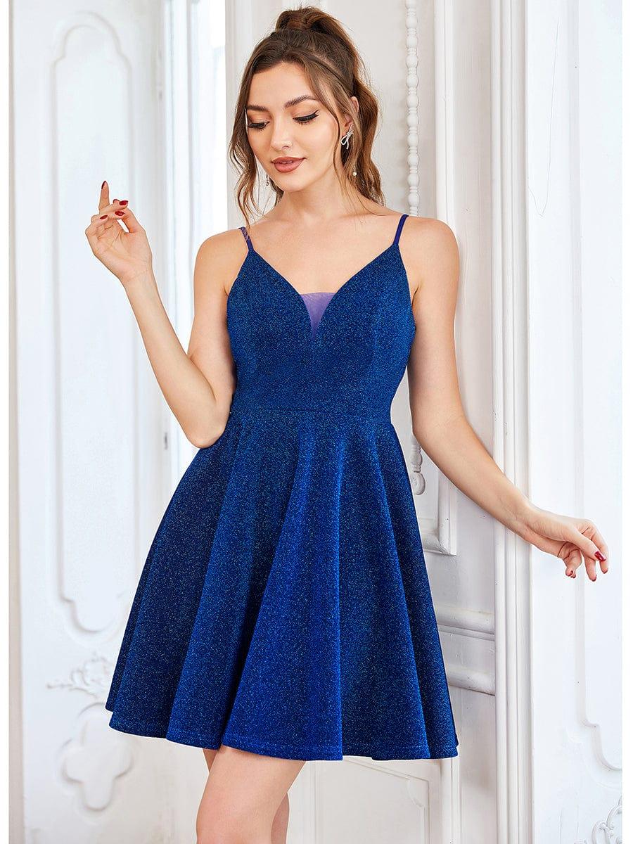 Fancy Shiny Deep V Neck Above Knee Length Prom Dress #color_Sapphire Blue