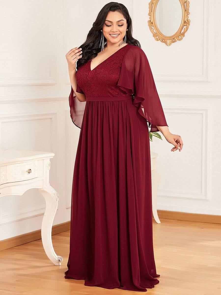 Plus Size Deep V Neck Lace Bodice Long Flowy Evening Dress #color_Burgundy