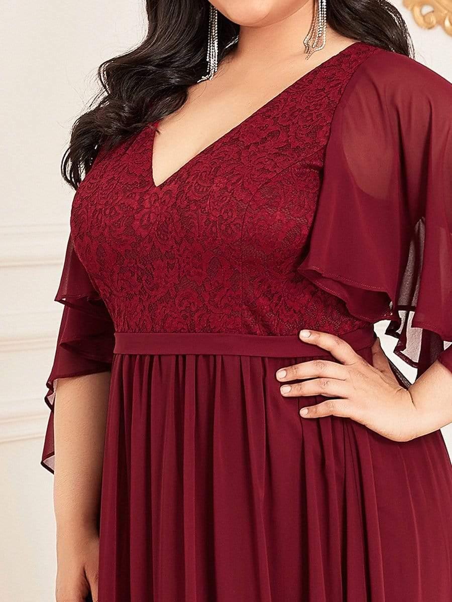 Plus Size Deep V Neck Lace Bodice Long Flowy Evening Dress #color_Burgundy
