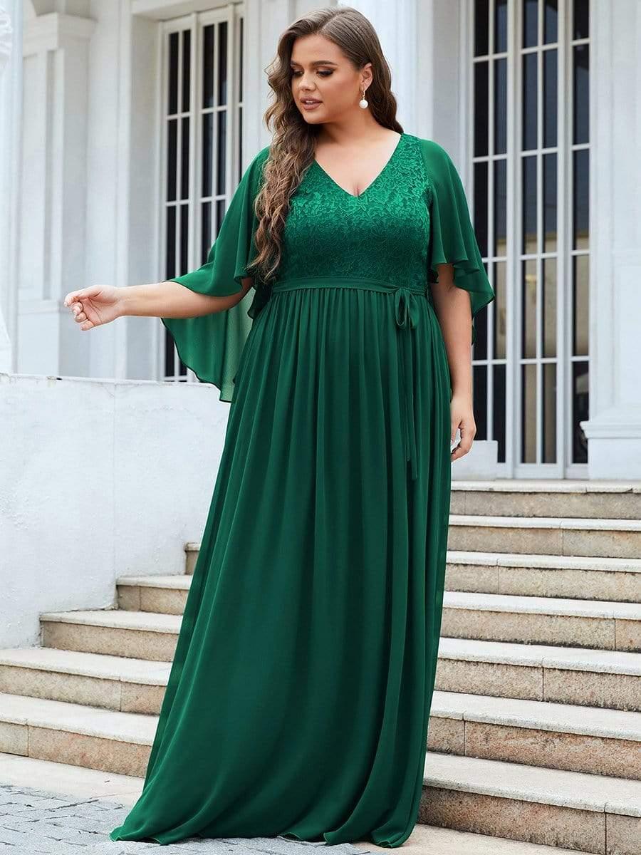 Plus Size Deep V Neck Lace Bodice Long Flowy Evening Dress #color_Dark Green