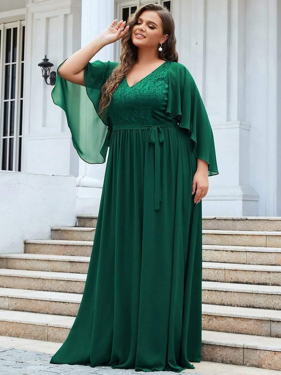 Plus Size Deep V Neck Lace Bodice Long Flowy Evening Dress #color_Dark Green