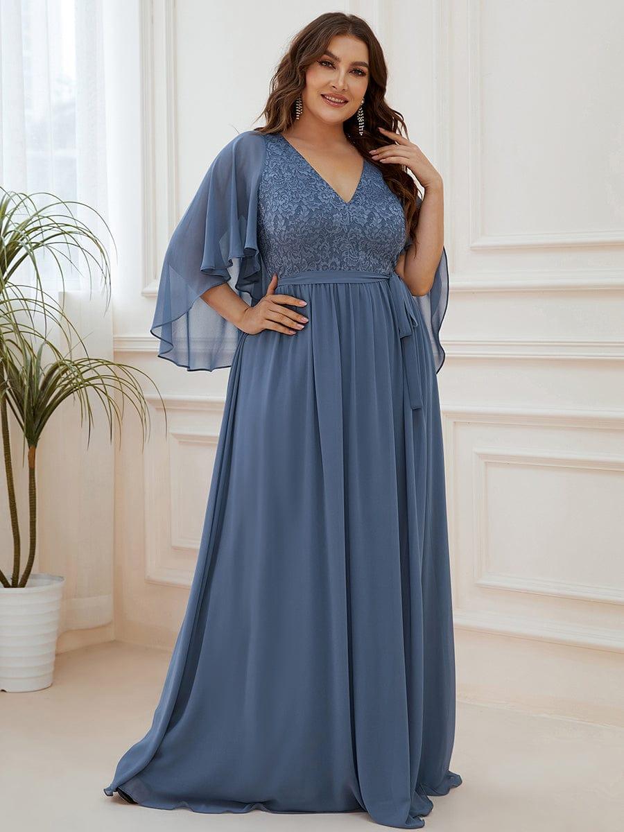 Deep V Neck Lace Bodice Long Flowy Evening Dress #color_Dusty Blue