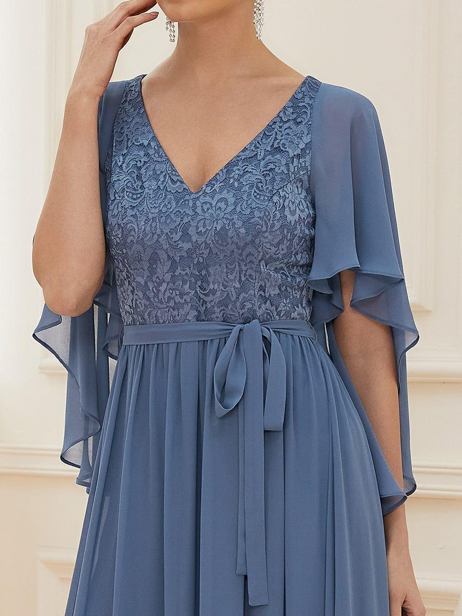 Deep V Neck Lace Bodice Long Flowy Evening Dress #color_Dusty Blue