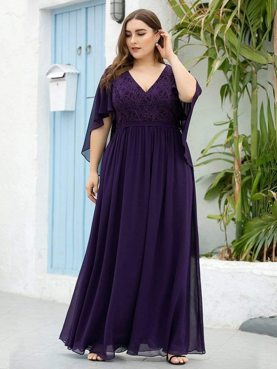 Plus Size Deep V Neck Lace Bodice Long Flowy Evening Dress #color_Dark Purple
