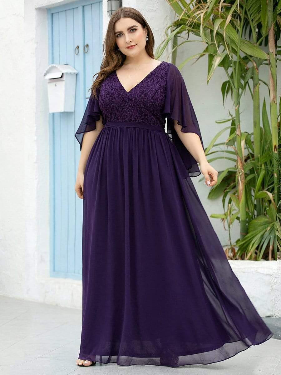 Plus Size Deep V Neck Lace Bodice Long Flowy Evening Dress #color_Dark Purple