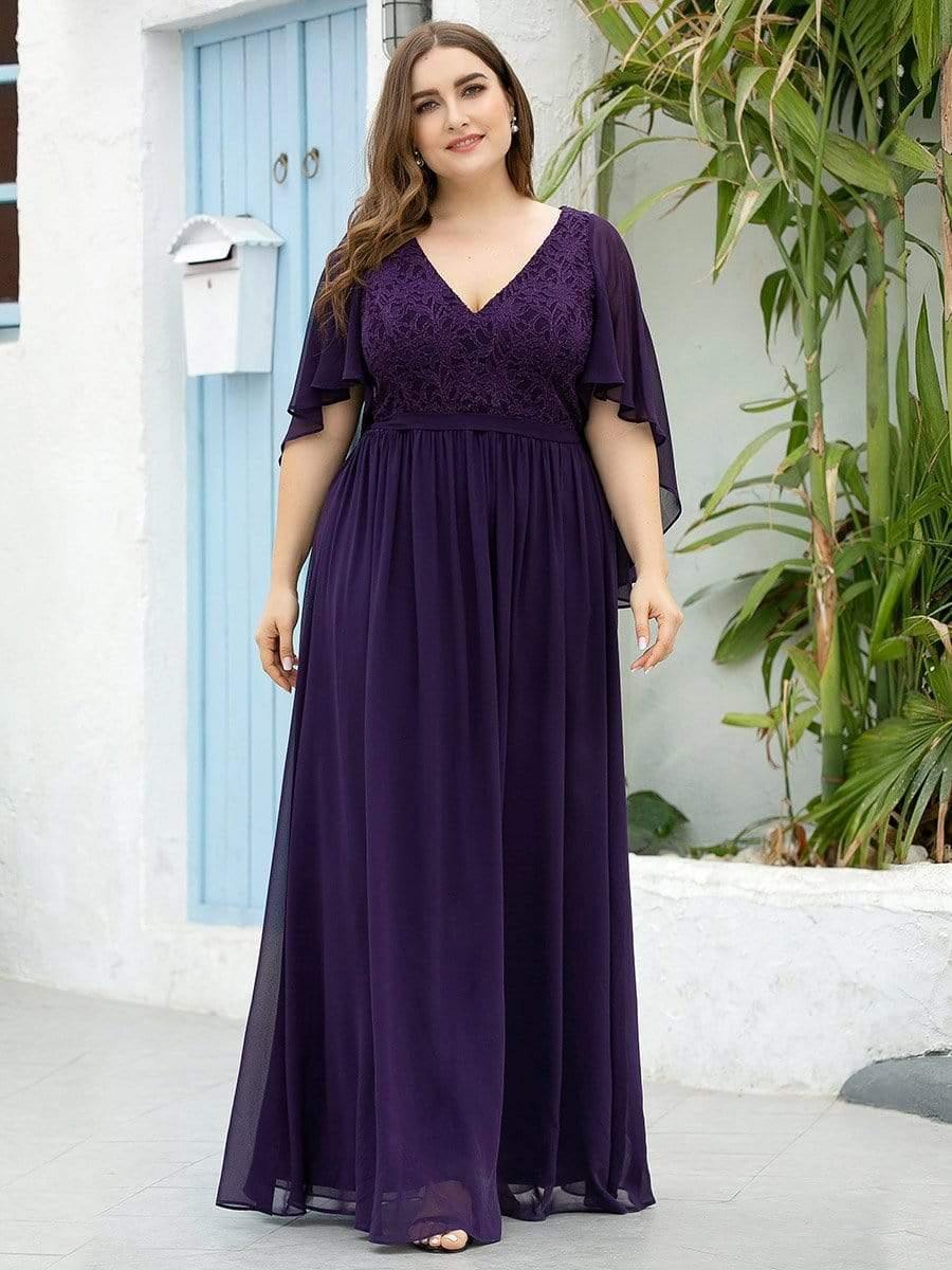 Plus Size Deep V Neck Lace Bodice Long Flowy Evening Dress #color_Dark Purple