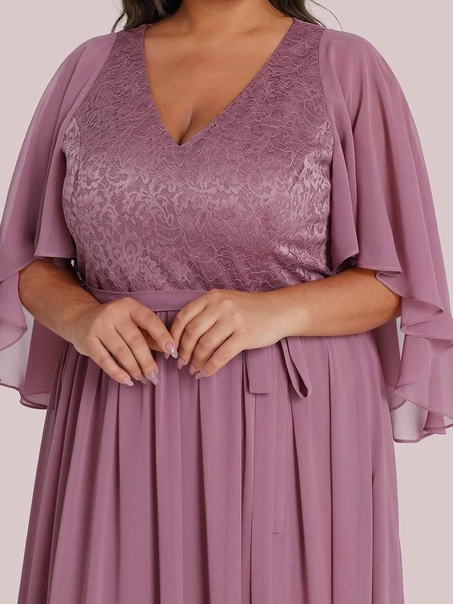 Plus Size Deep V Neck Lace Bodice Long Flowy Evening Dress #color_Purple Orchid