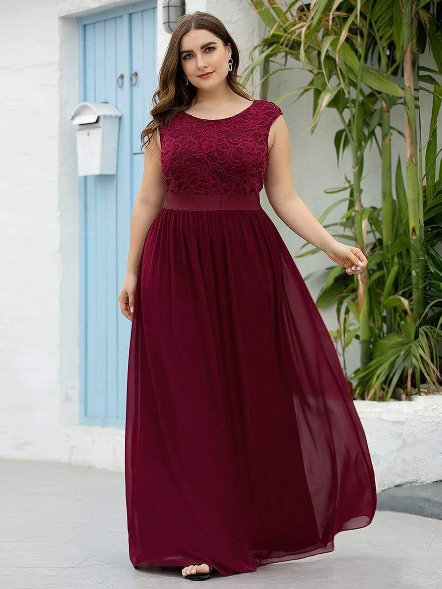 Plus Size Classic Round Neck V Back A-Line Chiffon Bridesmaid Dresses with Lace #color_Burgundy