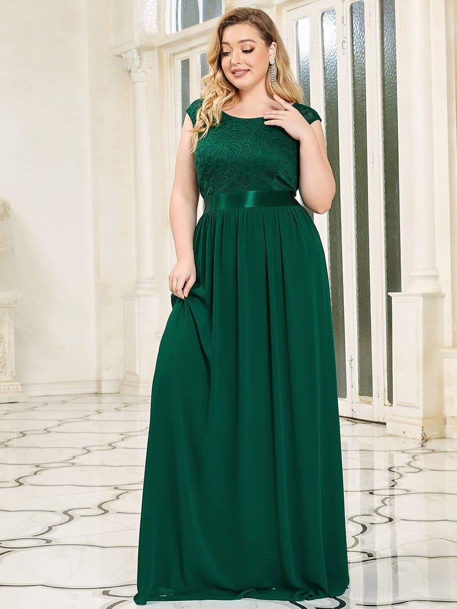Plus Size Classic Round Neck V Back A-Line Chiffon Bridesmaid Dresses with Lace #color_Dark Green