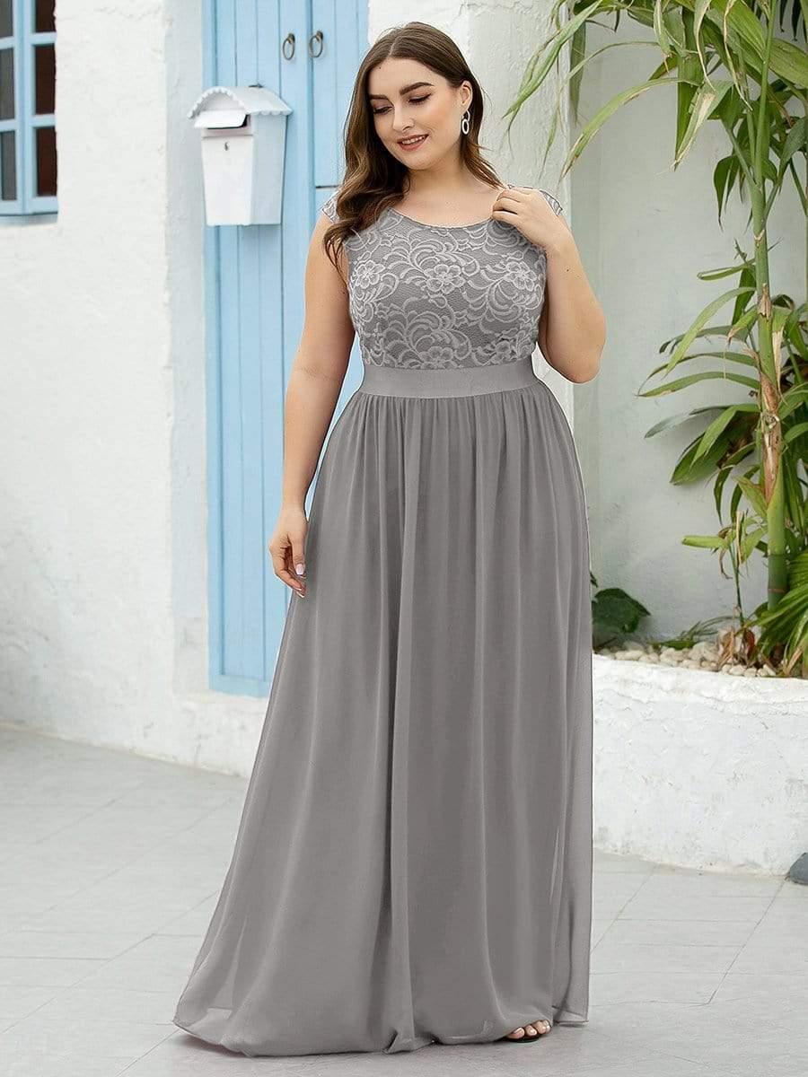 Plus Size Classic Round Neck V Back A-Line Chiffon Bridesmaid Dresses with Lace #color_Grey