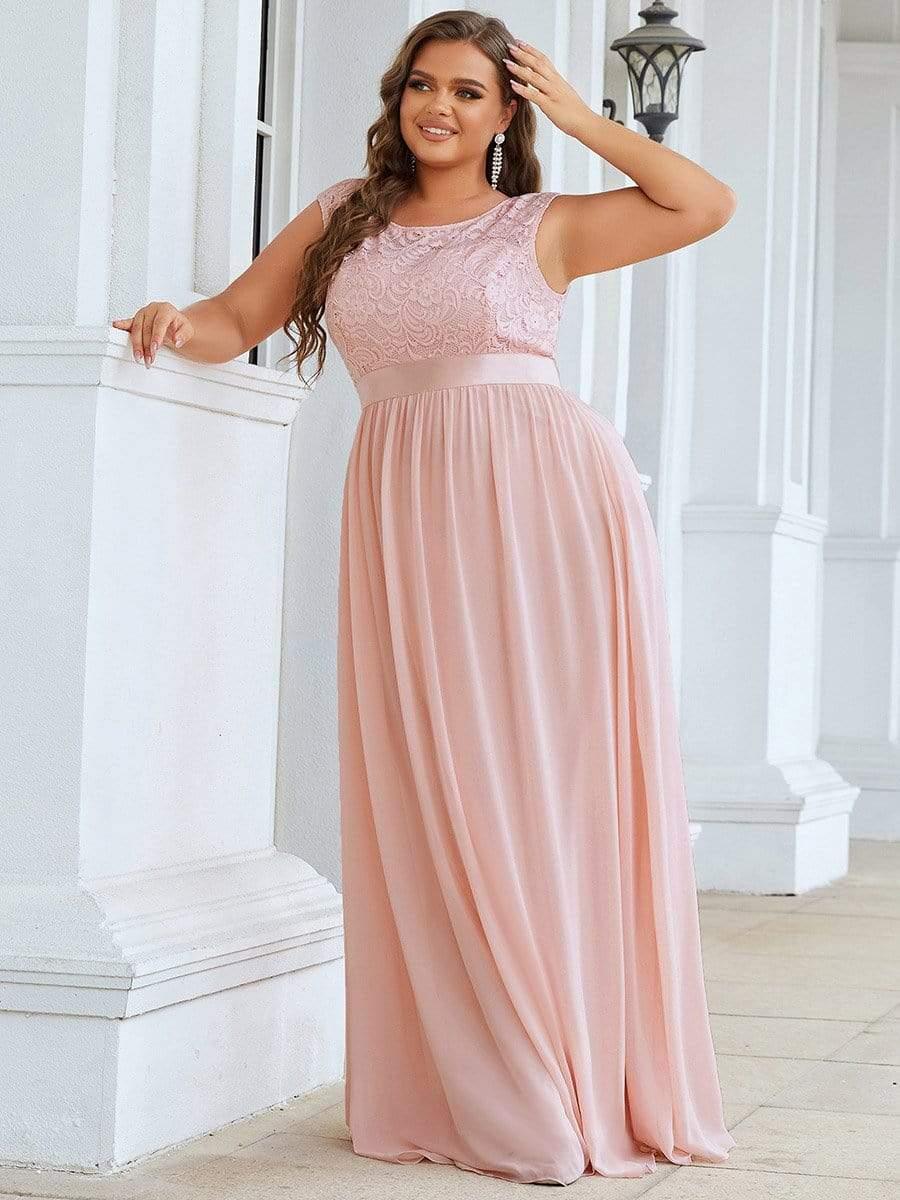 Plus Size Classic Round Neck V Back A-Line Chiffon Bridesmaid Dresses with Lace #color_Pink