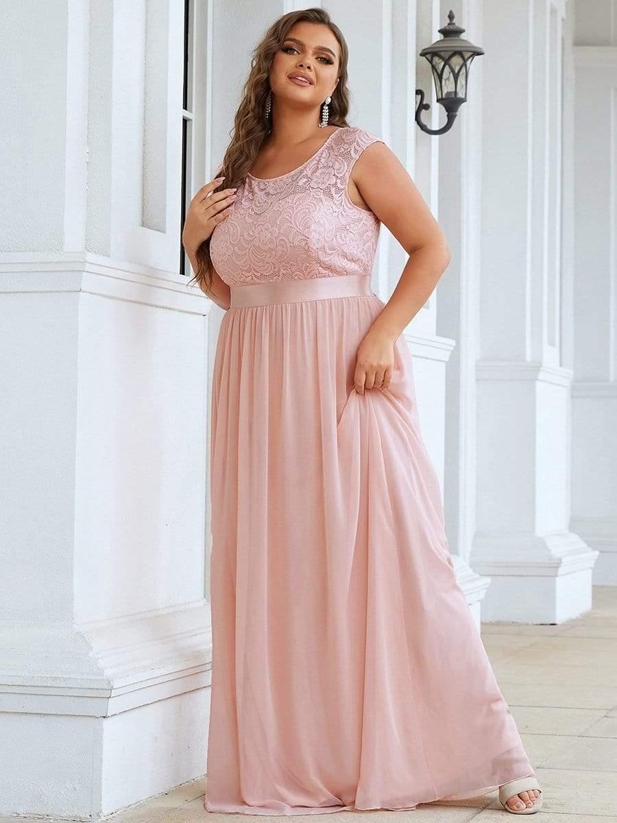 Plus Size Classic Round Neck V Back A-Line Chiffon Bridesmaid Dresses with Lace #color_Pink