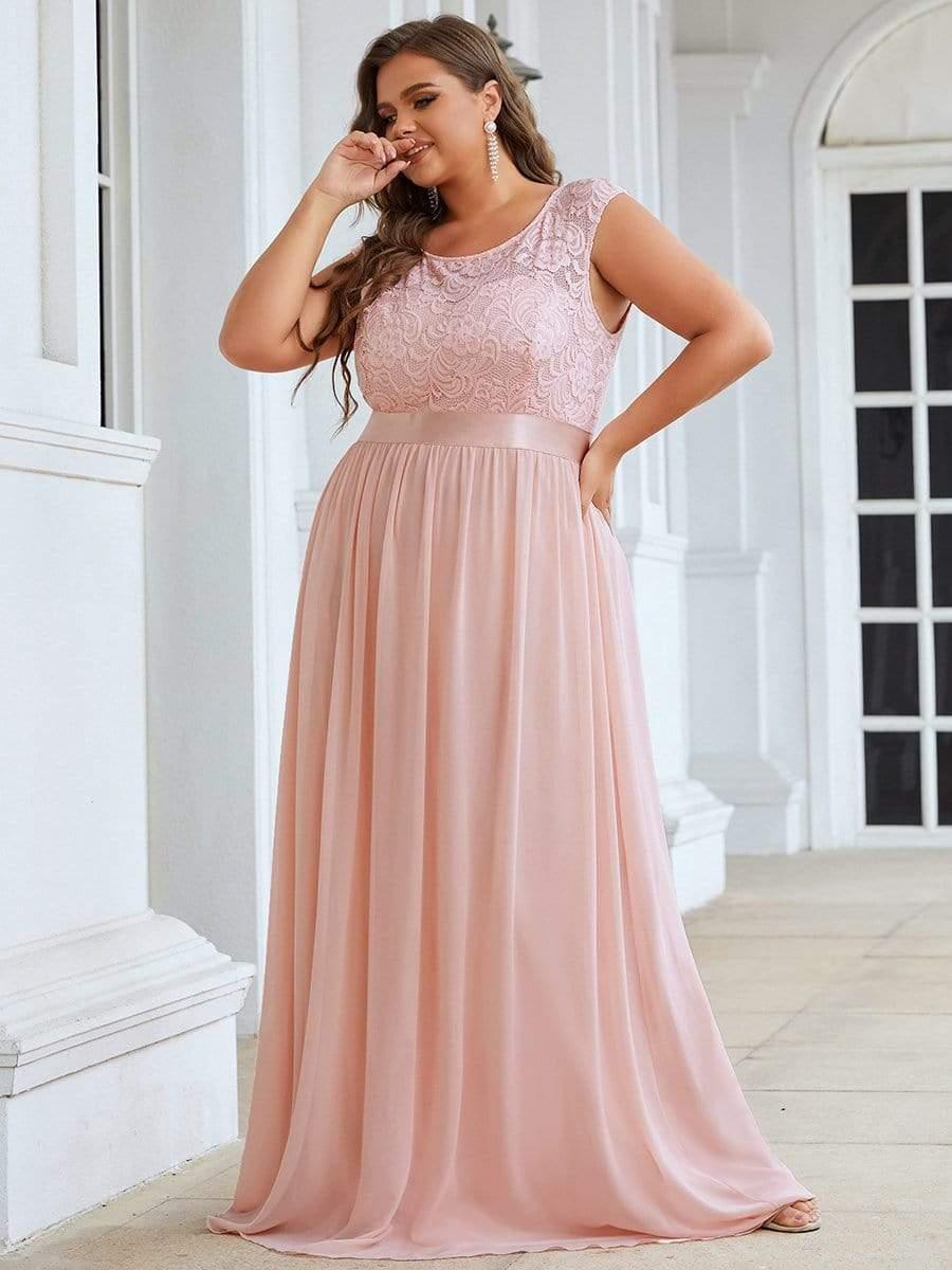 Plus Size Classic Round Neck V Back A-Line Chiffon Bridesmaid Dresses with Lace #color_Pink