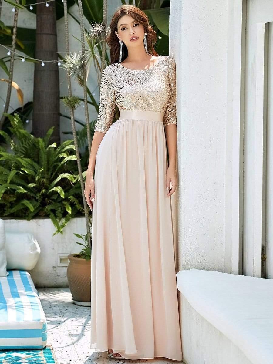 Elegant Round Neckline Long Sleeves Sequin Evening Dress #color_Blush