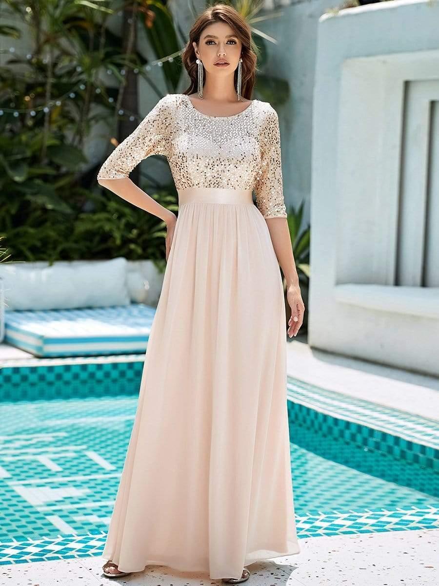 Elegant Round Neckline Long Sleeves Sequin Evening Dress #color_Blush