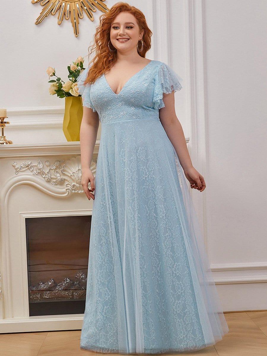 Plus Size Cap Sleeve Floral Lace Long Formal Dresses #color_Sky Blue