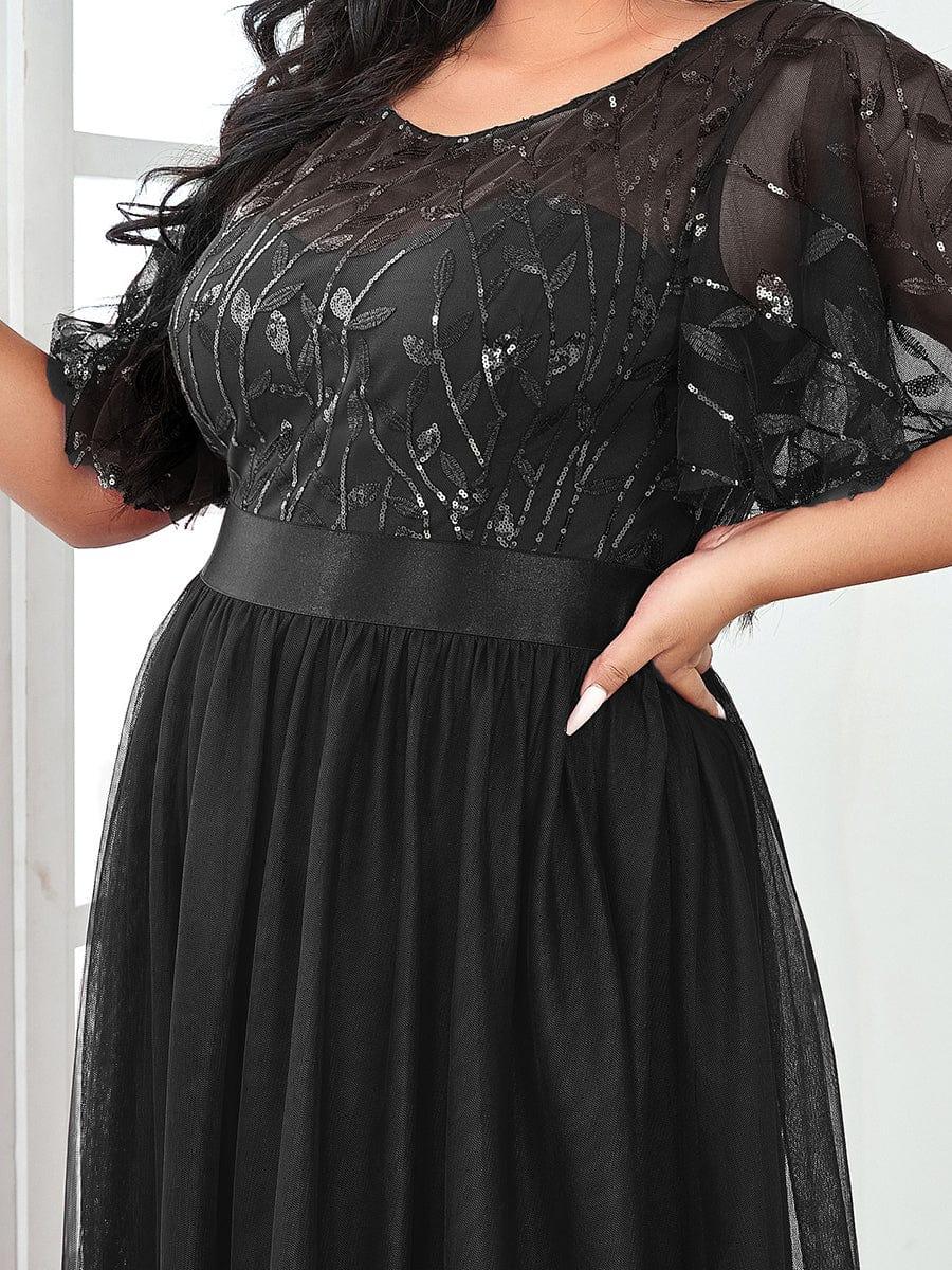 Women's A-Line Short Sleeve Embroidery Floor Length Evening Dresses #color_Black