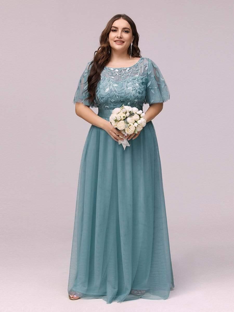 Plus Size Sequin Bodice Long Formal Evening Dresses #color_Light Teal