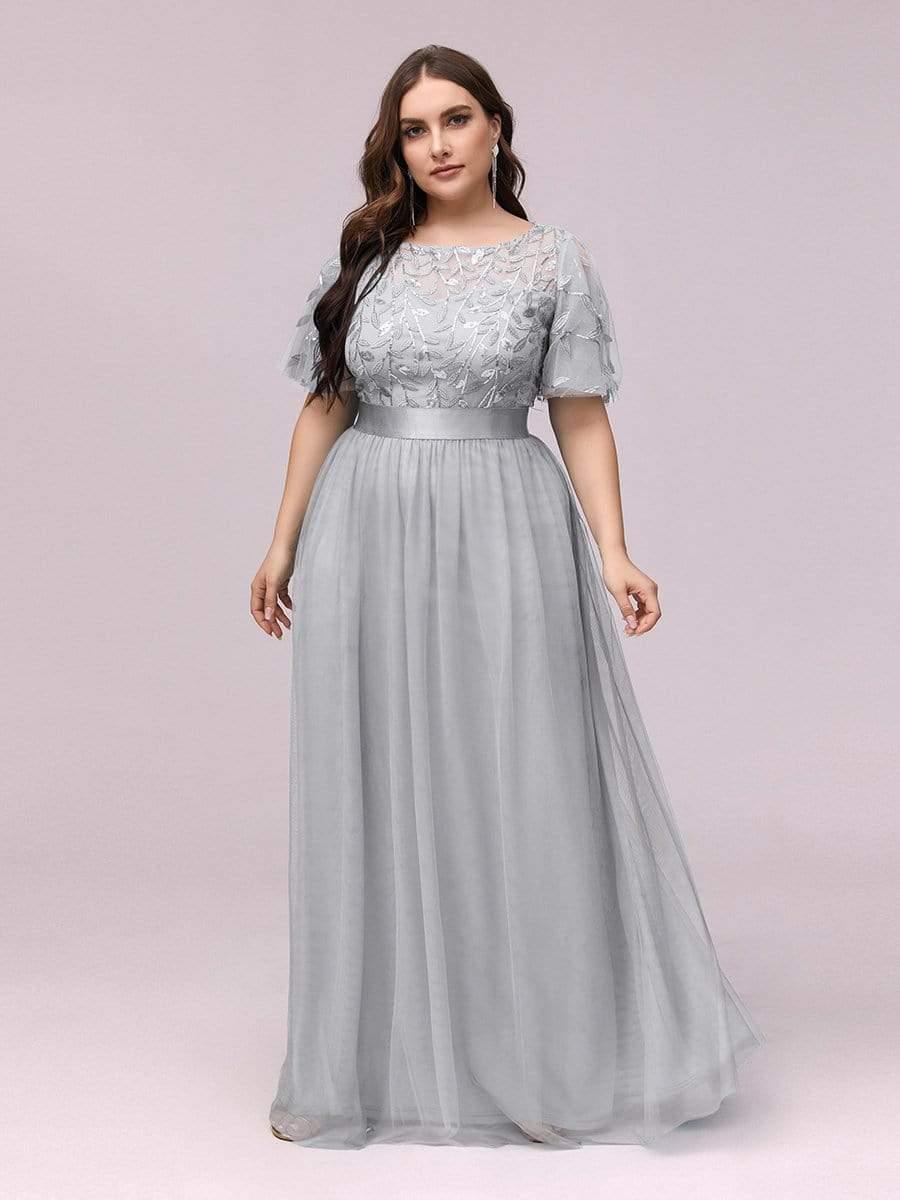Plus Size Sequin Bodice Long Formal Evening Dresses #color_Grey