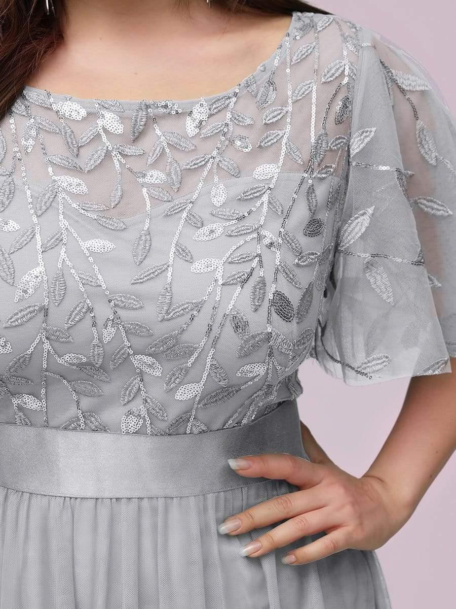 Plus Size Sequin Bodice Long Formal Evening Dresses #color_Grey