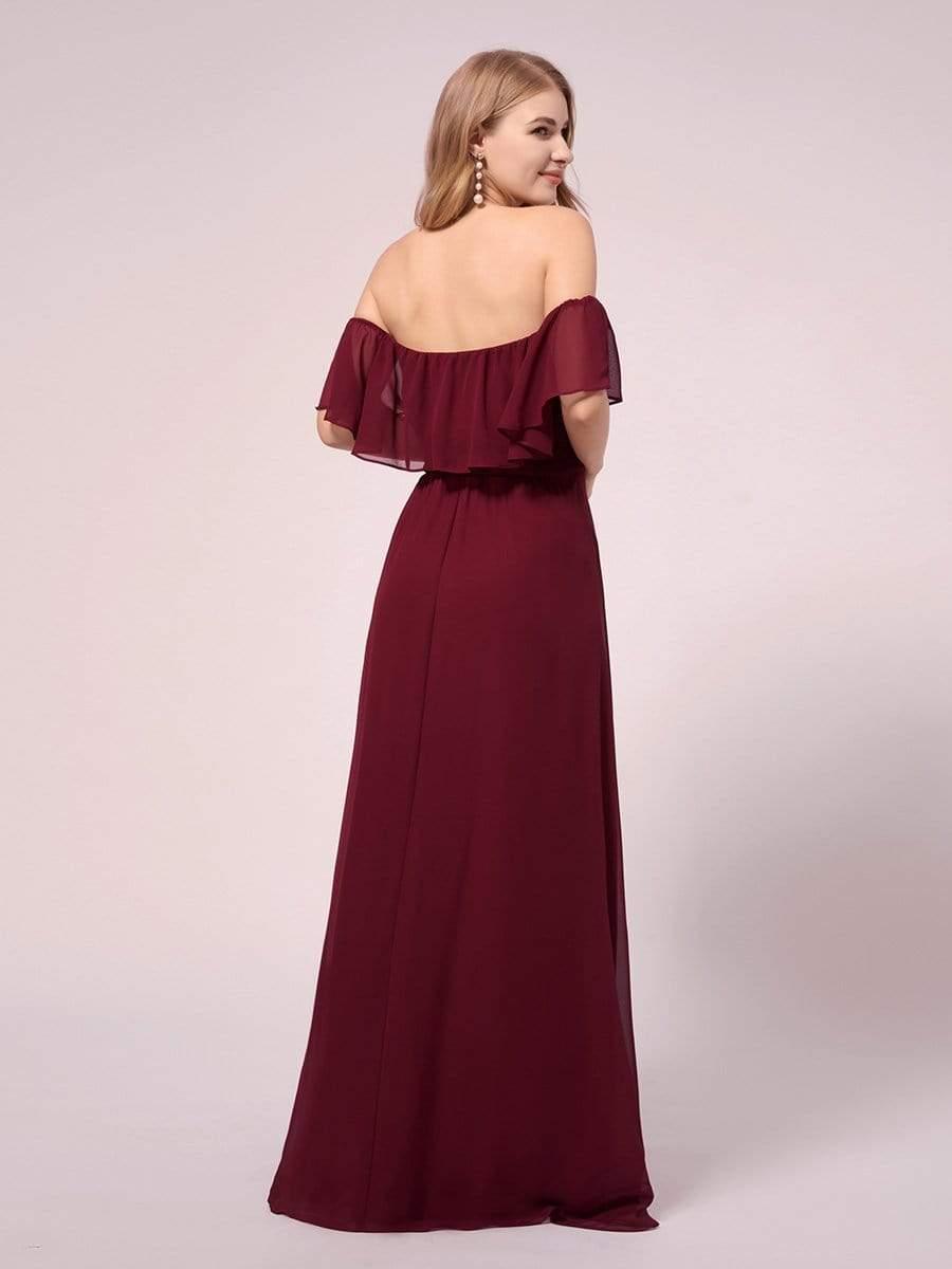 Maxi Chiffon Off the Shoulder Ruffled Maternity Evening Dress #color_Burgundy