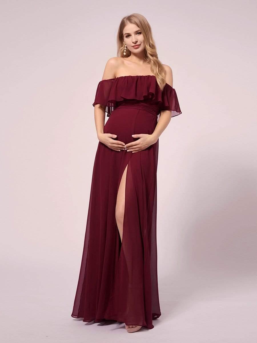 Maxi Chiffon Off the Shoulder Ruffled Maternity Evening Dress #color_Burgundy
