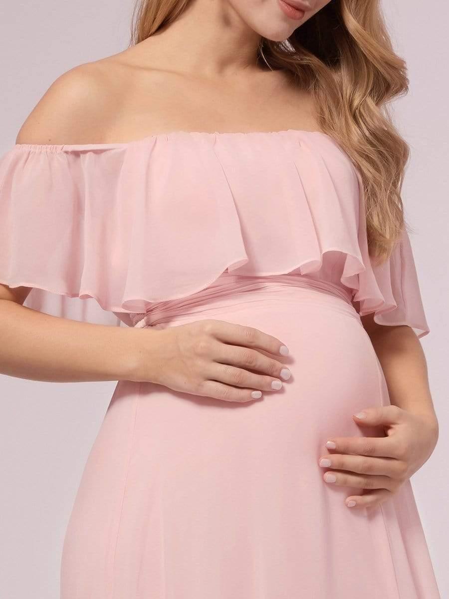 Maxi Chiffon Off the Shoulder Ruffled Maternity Evening Dress #color_Pink