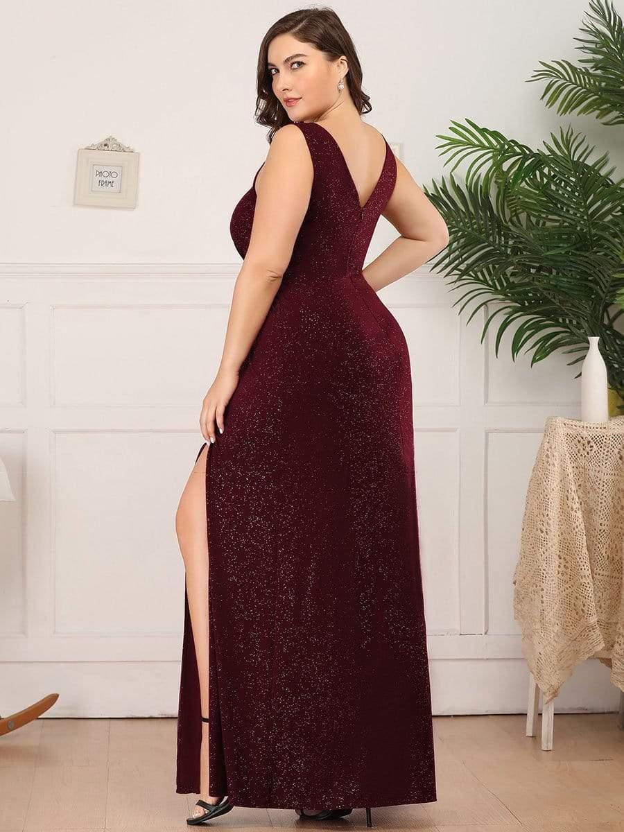 Plus Size Shiny V Neck Side Split Formal Evening Dress #color_Burgundy