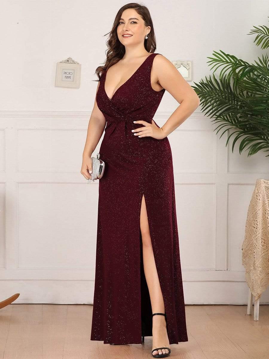 Plus Size Shiny V Neck Side Split Formal Evening Dress #color_Burgundy