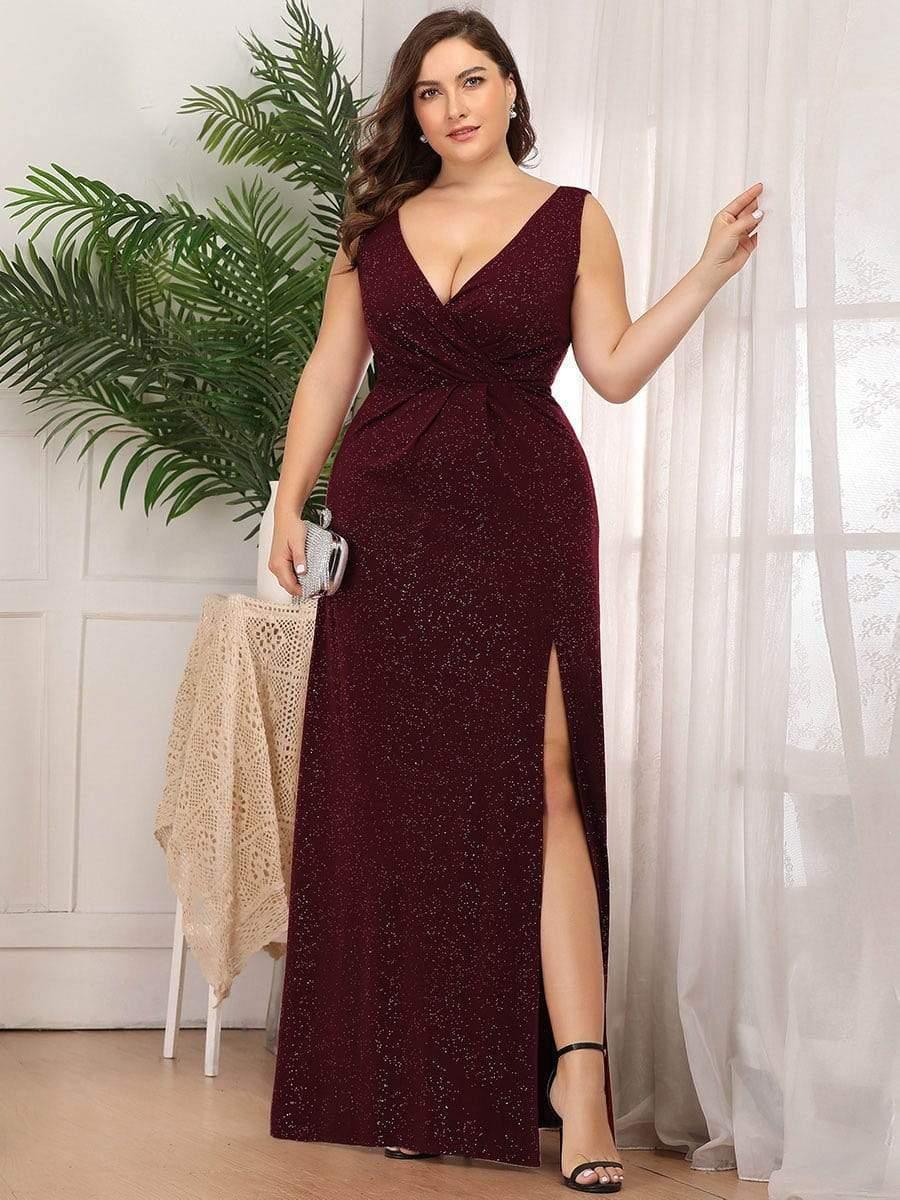 Plus Size Shiny V Neck Side Split Formal Evening Dress #color_Burgundy