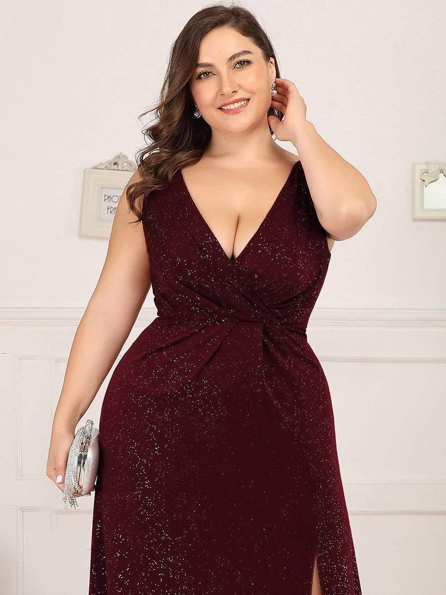 Plus Size Shiny V Neck Side Split Formal Evening Dress #color_Burgundy