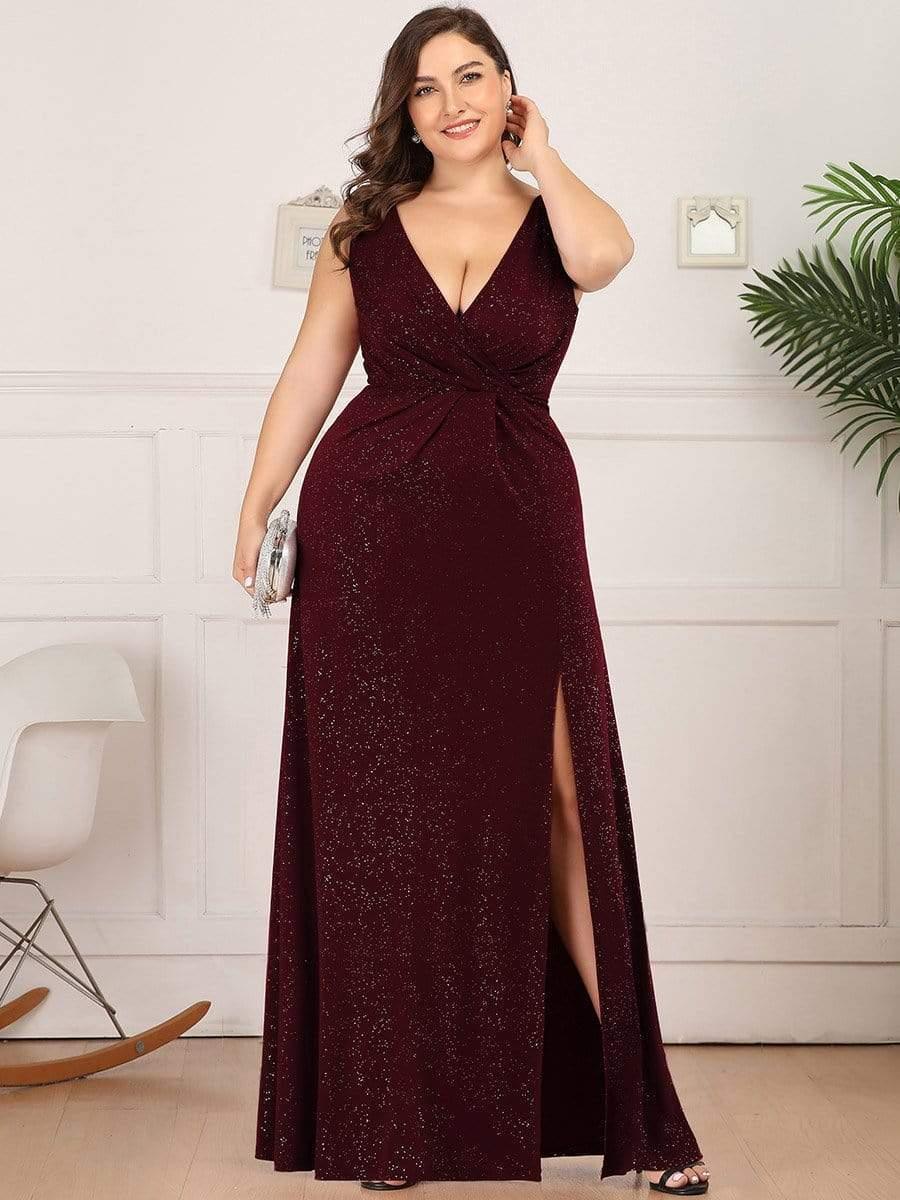 Plus Size Shiny V Neck Side Split Formal Evening Dress #color_Burgundy