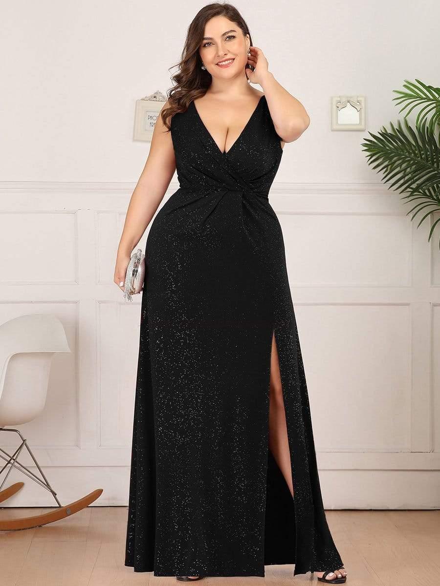 Plus Size Shiny V Neck Side Split Formal Evening Dress #color_Black