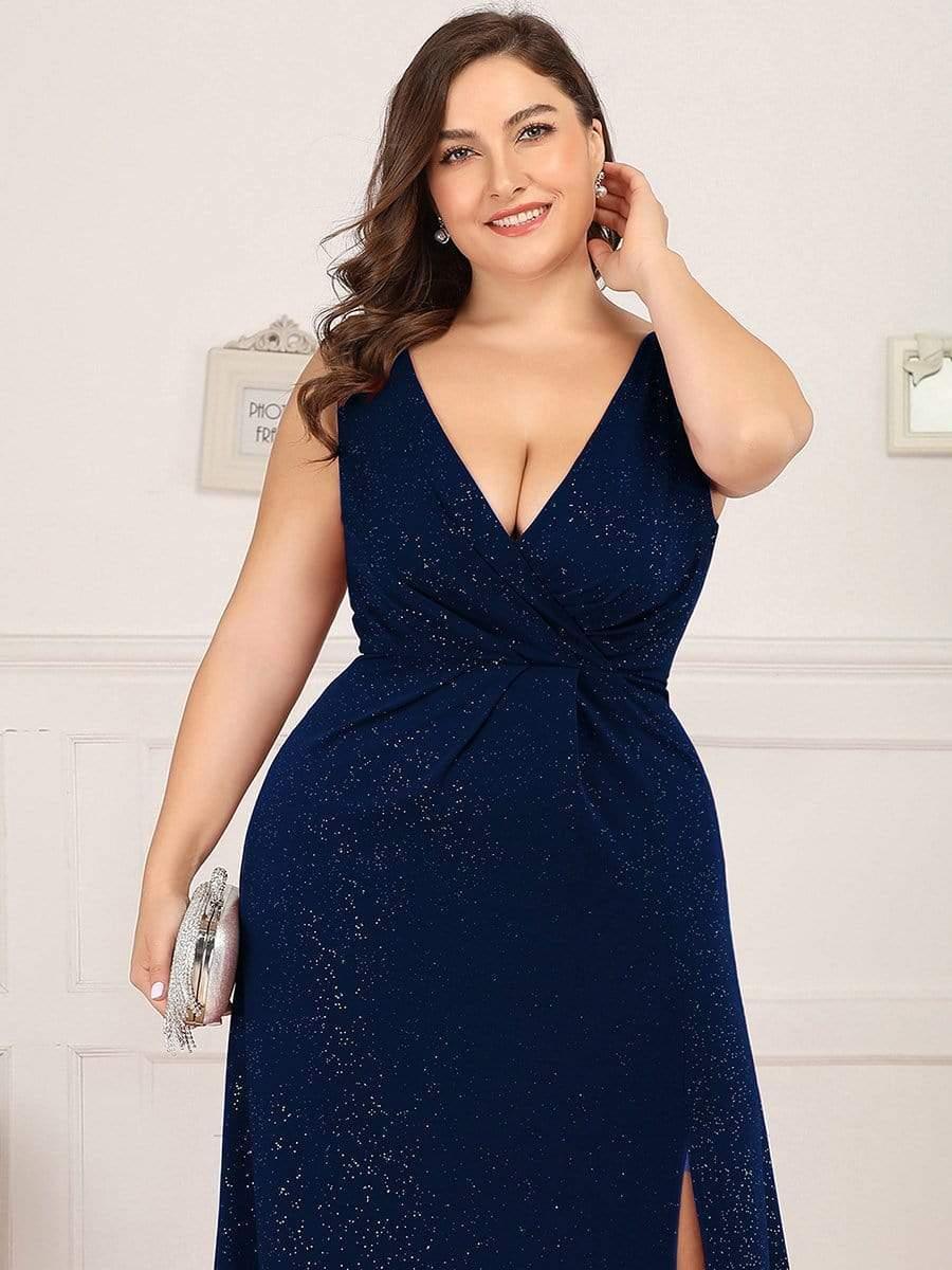 Plus Size Shiny V Neck Side Split Formal Evening Dress #color_Navy Blue