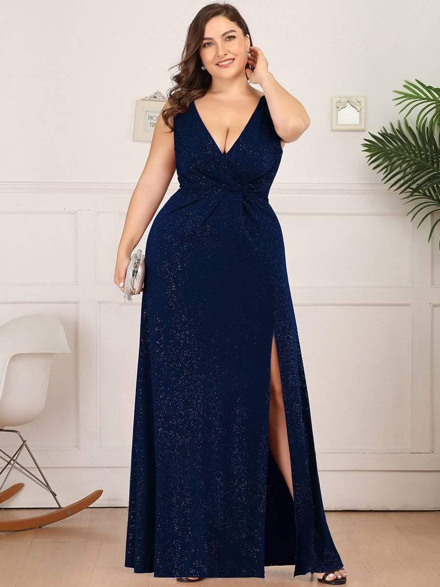 Plus Size Shiny V Neck Side Split Formal Evening Dress #color_Navy Blue