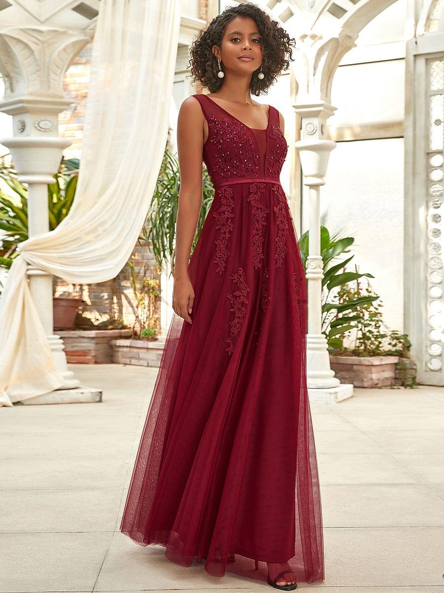 Maxi Long Elegant Ethereal Tulle Evening Dress #color_Burgundy