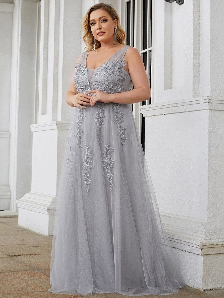 Plus Size Maxi Long Ethereal Tulle Formal Evening Dress #color_Grey