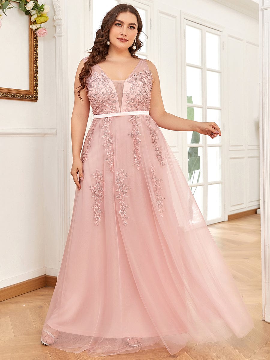 Plus Size Maxi Long Ethereal Tulle Formal Evening Dress #color_Pink