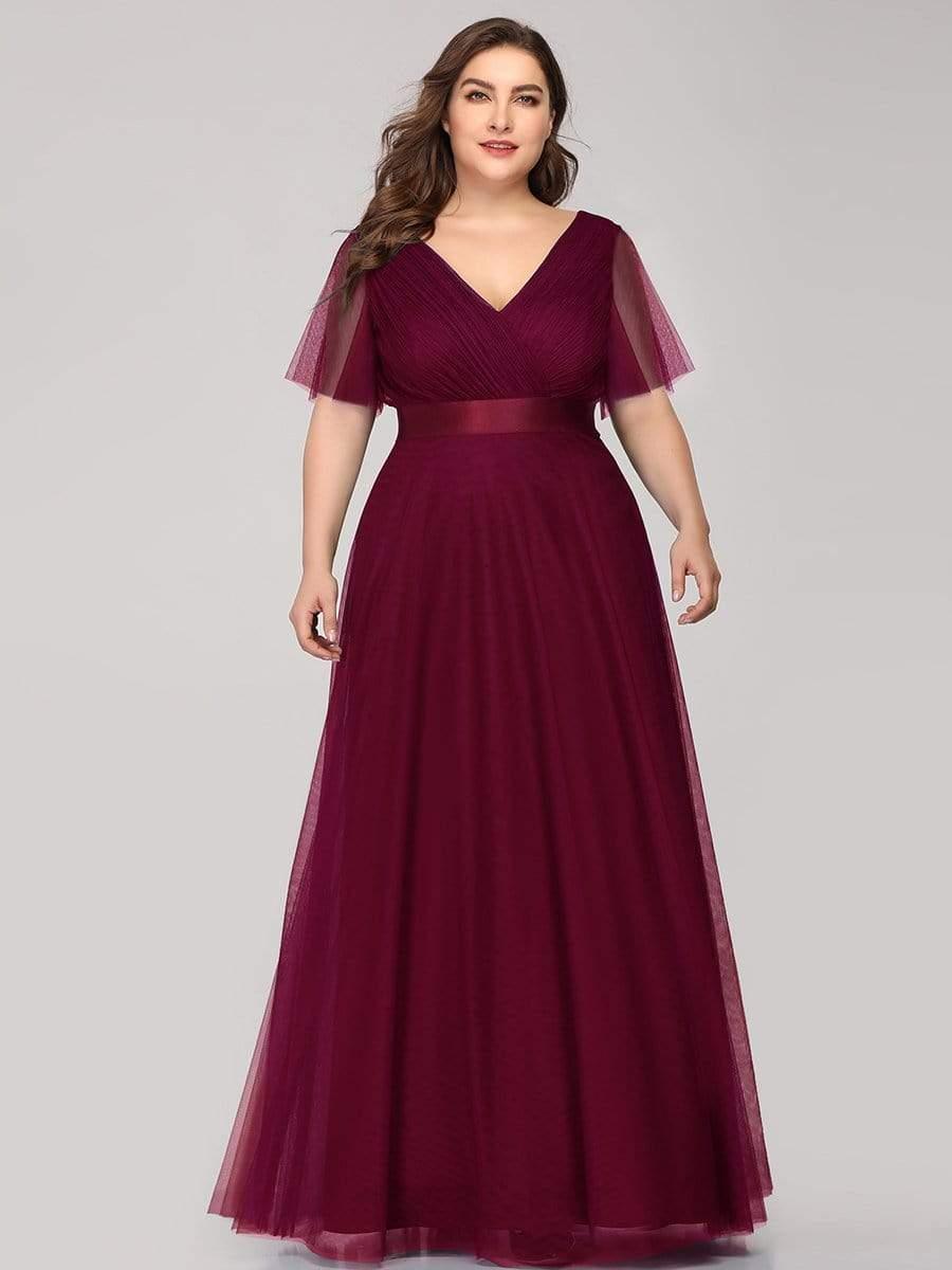 Women's Floor-Length Plus Size Formal Bridesmaid Dress with Short Sleeve #color_Burgundy