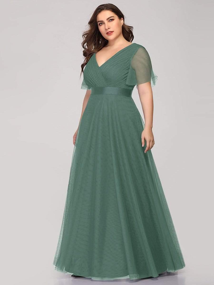 Women's Floor-Length Plus Size Formal Bridesmaid Dress with Short Sleeve #color_Green Bean