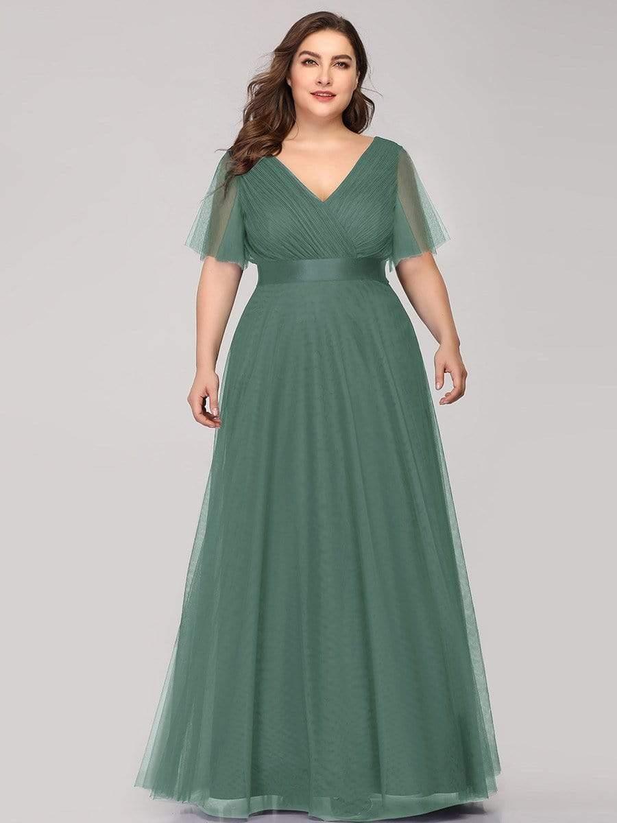 Women's Floor-Length Plus Size Formal Bridesmaid Dress with Short Sleeve #color_Green Bean