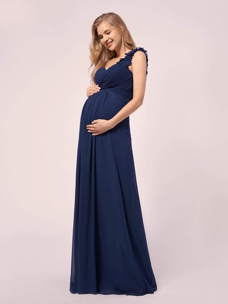 Maxi Long Flower One Shoulder Maternity Dress #color_Navy Blue