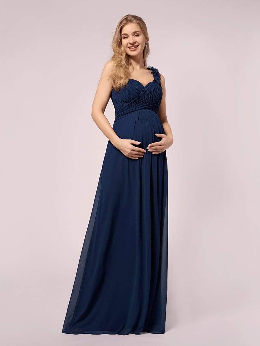 Maxi Long Flower One Shoulder Maternity Dress #color_Navy Blue