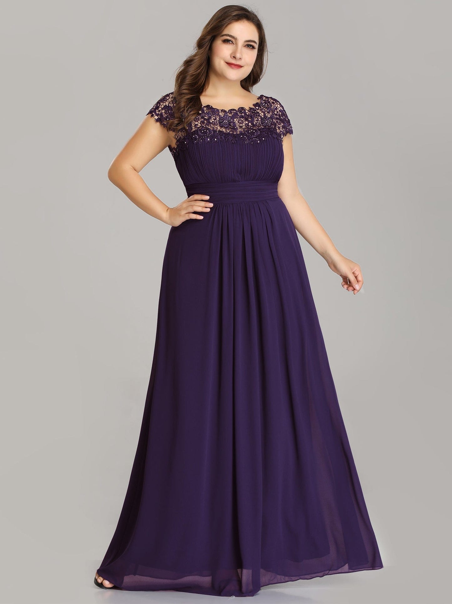 Maxi Lace Cap Sleeve Long Formal Evening Dress #color_Dark Purple