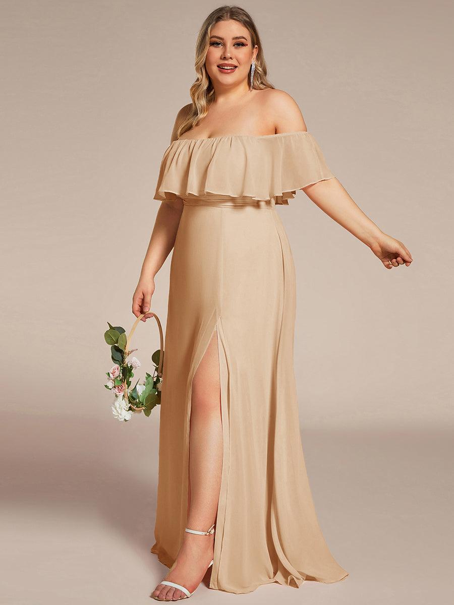 Off the Shoulder Ruffle Bodice Long Flowy Chiffon Bridesmaid Dress #color_Champagne