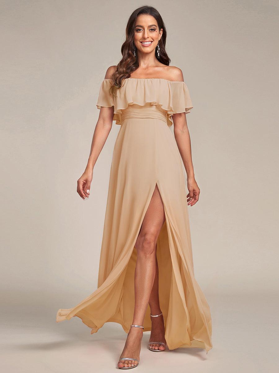 Off the Shoulder Ruffle Bodice Long Flowy Chiffon Bridesmaid Dress #color_Champagne
