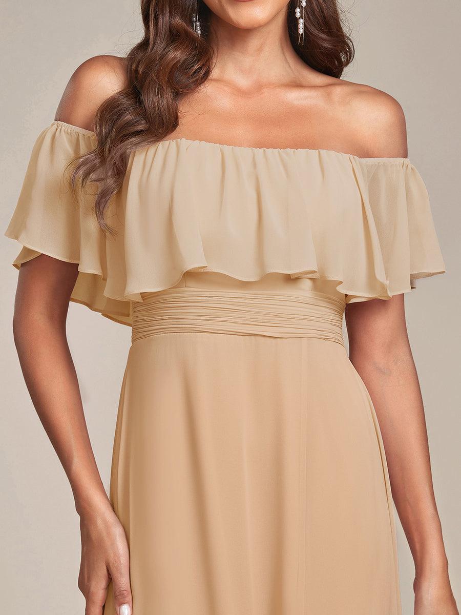 Off the Shoulder Ruffle Bodice Long Flowy Chiffon Bridesmaid Dress #color_Champagne
