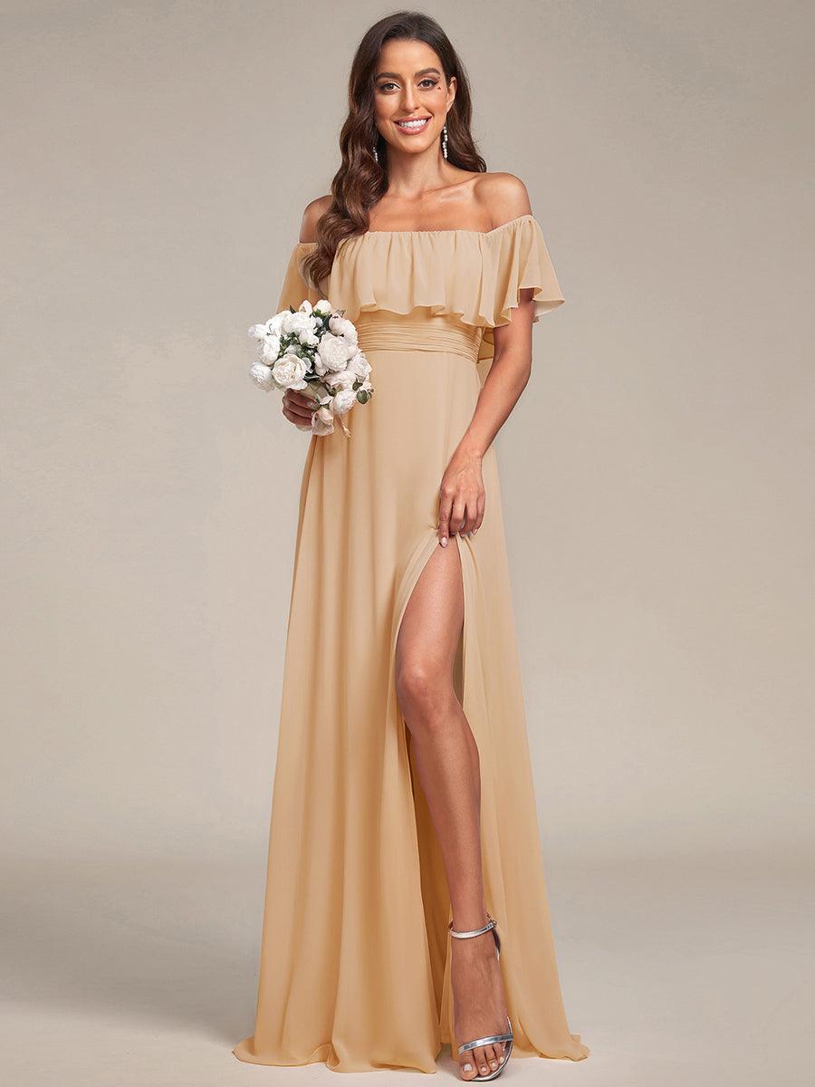 Off the Shoulder Ruffle Bodice Long Flowy Chiffon Bridesmaid Dress #color_Champagne