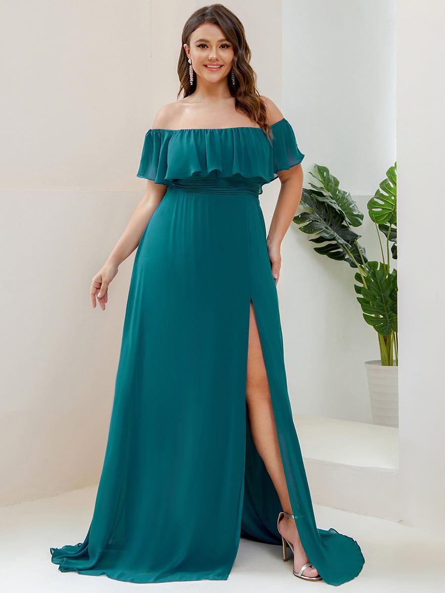 Women's Off Shoulder Ruffle Thigh Split Bridesmaid Dresses #color_Teal